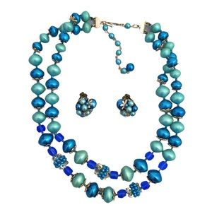 Retro Double Strand Necklace w/ Matching Earrings